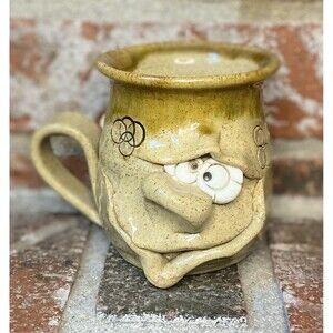 Pretty Ugly Pottery Mug Cup Made In Wales 3D Art Cup Tan Brown Coffee Tea